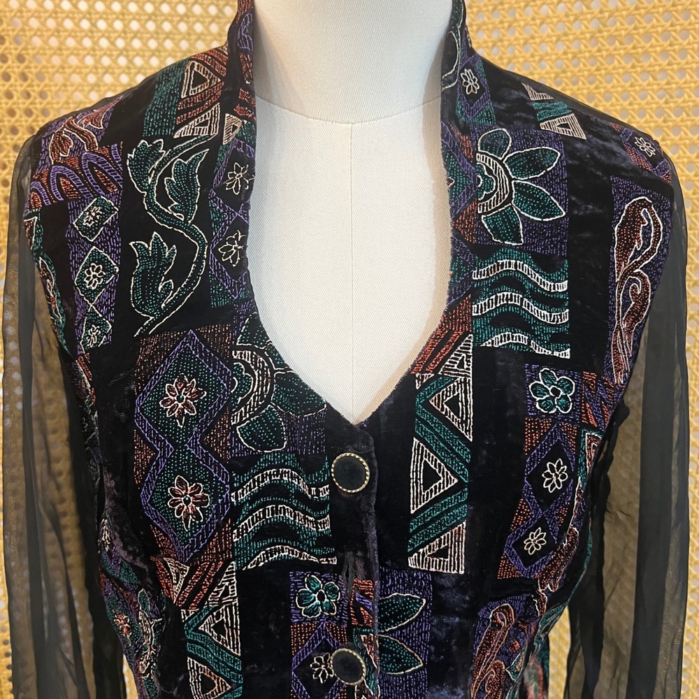 Vintage By Choice Black Velvet Sheer Sleeve Beaded Patchwork Cropped Blazer S - Picture 3 of 11